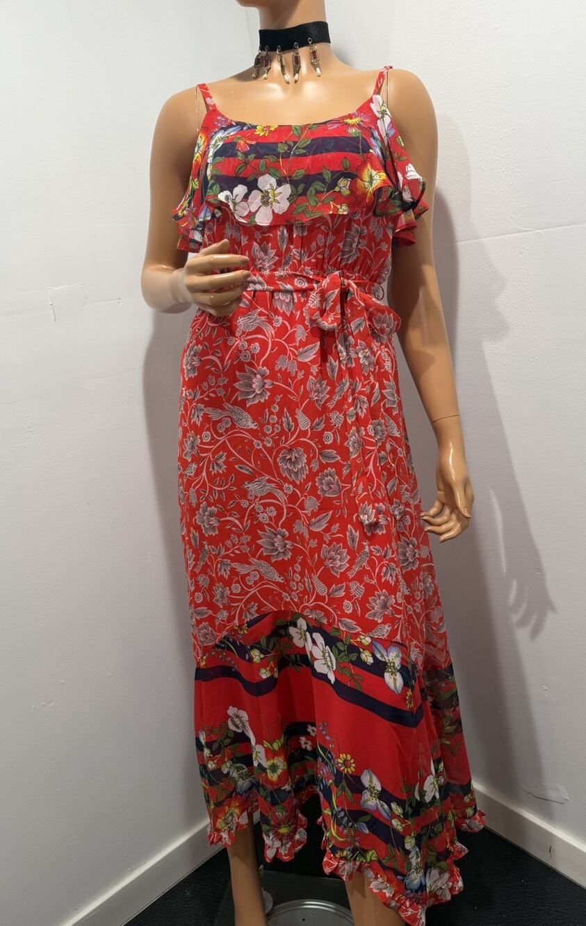 Anthropologie One September Zuri Midi Dress Red Floral Adjustable Size XS Belted
